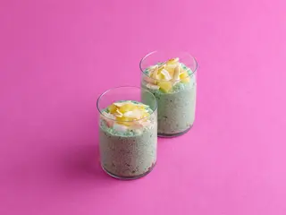 Chia pudding made with unsweetened soy milk and a scoop of collagen peptides sets overnight into a protein-rich, creamy delight.