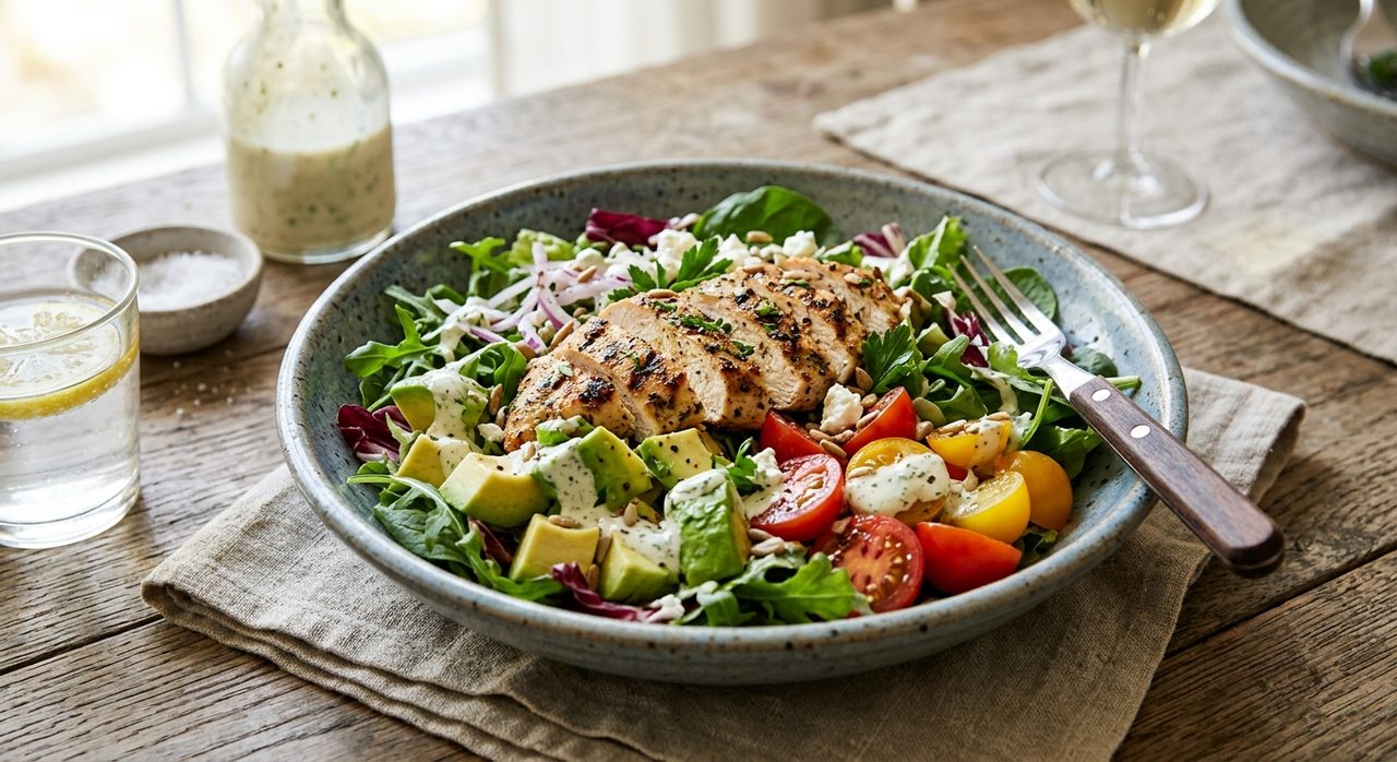 Transform last night’s grilled chicken into a breakfast salad with avocado, mixed greens, and a light vinaigrette—no cooking required.