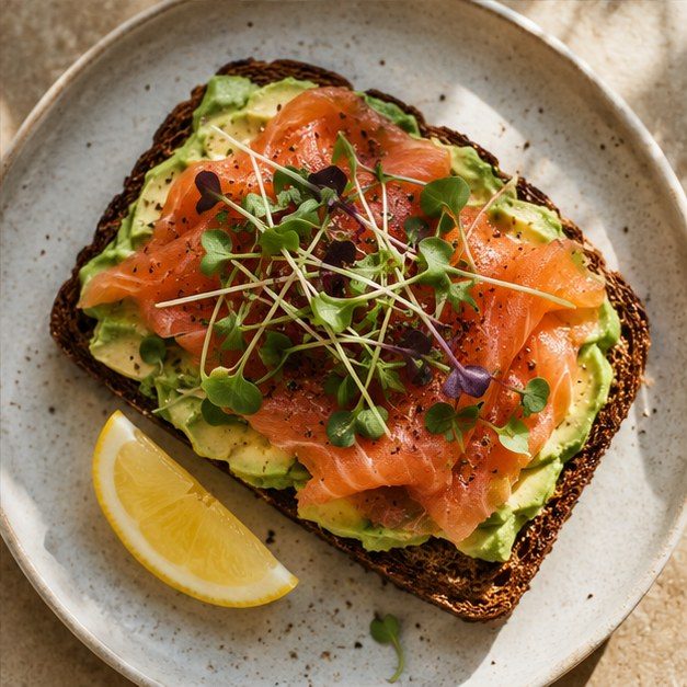 Whole-grain toast topped with silky smoked salmon and a smear of cream cheese is a savory, omega-3-rich start to the morning.